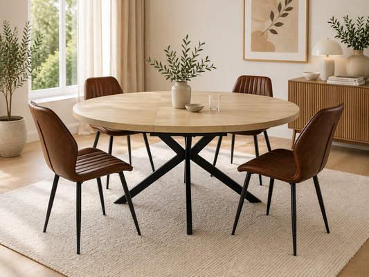Willow 1.2m Extending (+40cm) Light Oak Round Dining Table Set + Denver Dining Chairs