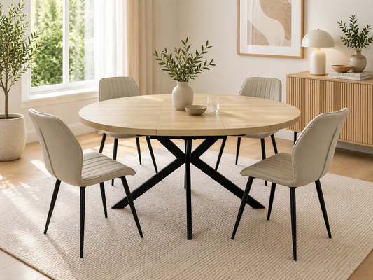 Willow 1.2m Extending (+40cm) Light Oak Round Dining Table Set + Prague Dining Chairs