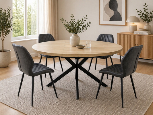 Willow 1.2m Extending (+40cm) Light Oak Round Dining Table Set + Lisburn Dining Chairs