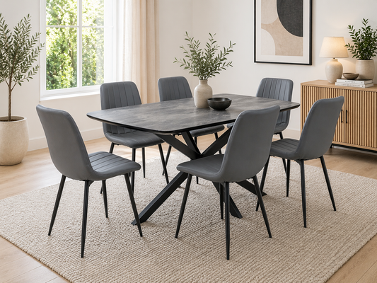 Nero 1.5m Charcoal Stone Dining Table Set + Harper Grey Dining Chairs