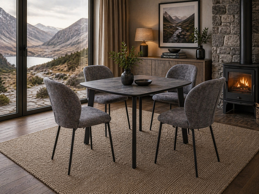 Nero 1.2m Charcoal Stone Dining Table Set + Nero Dining Chairs