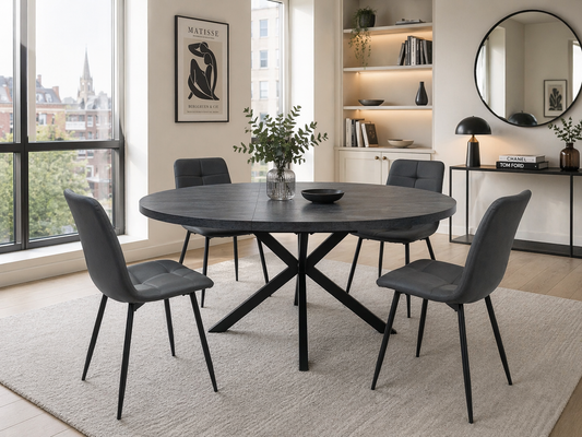 Nero 1.2m (+0.4m) Charcoal Stone Extending Round Dining Table Set + Axel Dining Chairs