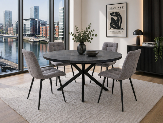 Nero 1.2m (+0.4m) Charcoal Stone Extending Round Dining Table Set + Logan Dining Chairs