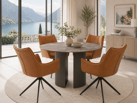 Luca Grey Stone 1.2m Round Dining Table Set + Hunter Tan Dining Chairs