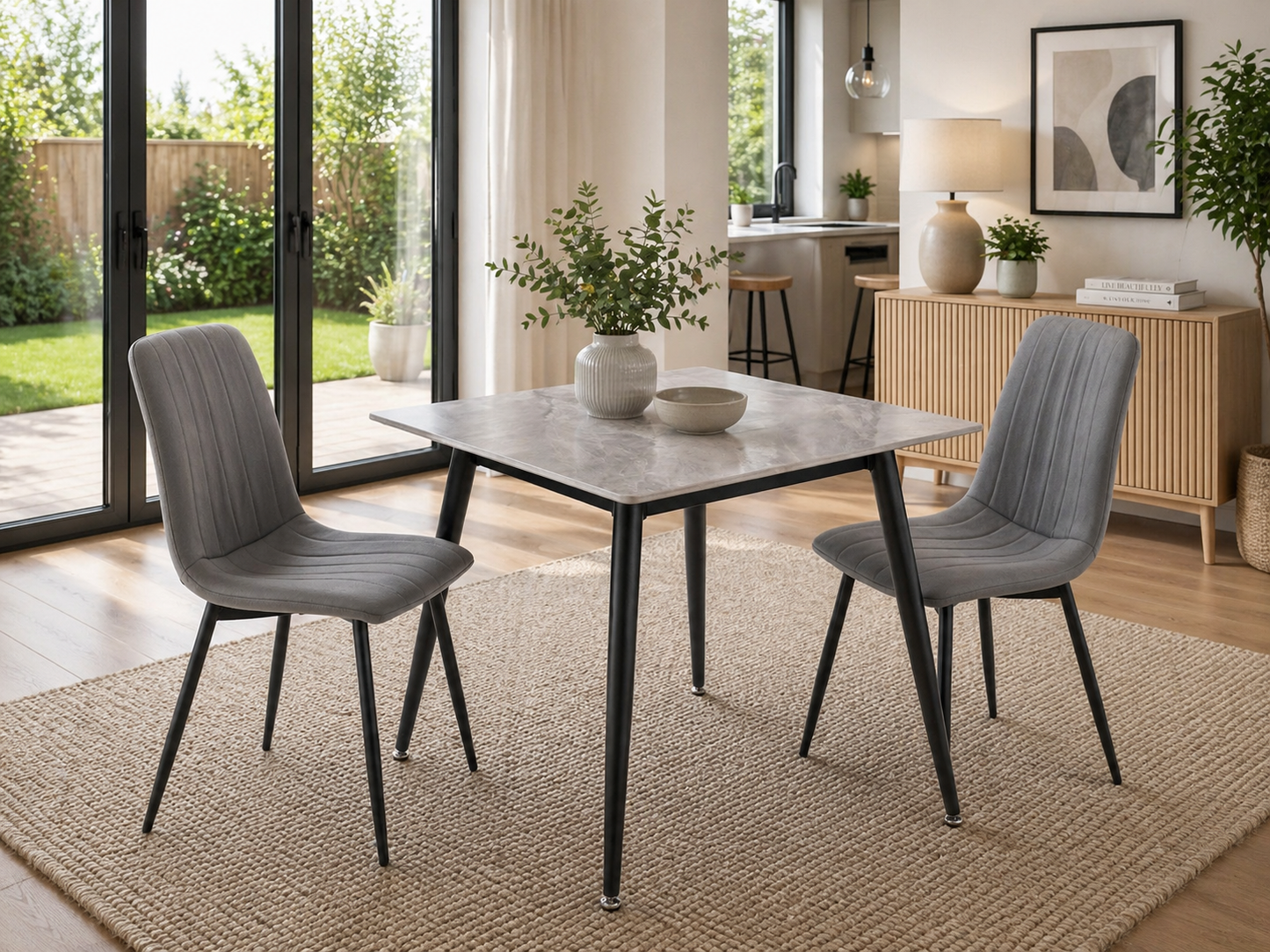 Alba 0.75m Square Grey Dining Table Set + Harper Grey Faux Leather Dining Chairs