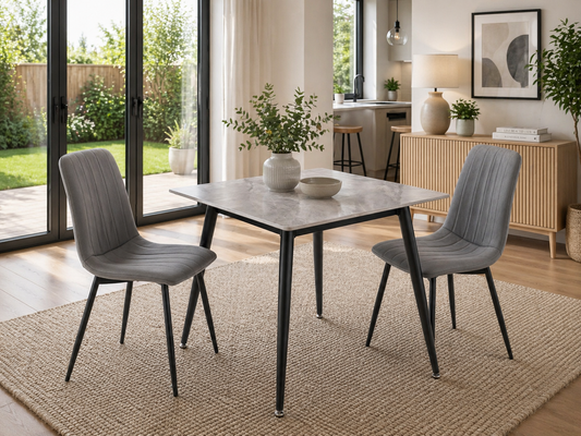 Alba 0.75m Square Grey Dining Table Set + Harper Grey Faux Leather Dining Chairs