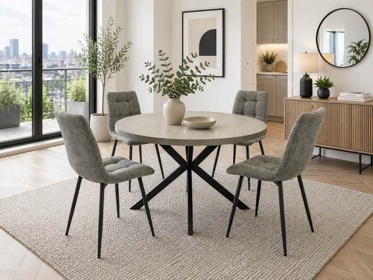Zurich 1.2m Light Grey Round Dining Table Set + Logan Grey Dining Chairs