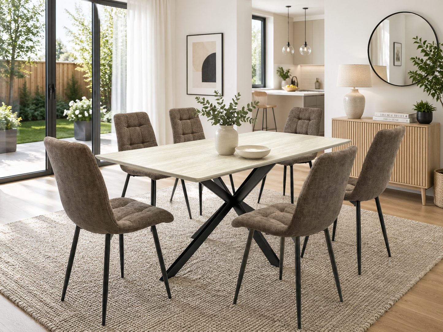 Verona 1.6m Travertine Finish Dining Table Set + Logan Mocha Dining Chairs