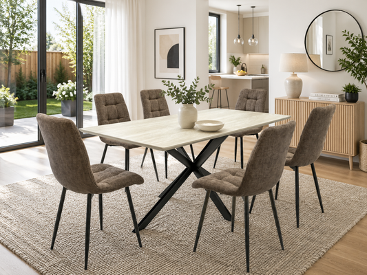 Verona 1.6m Travertine Finish Dining Table Set + Logan Mocha Dining Chairs