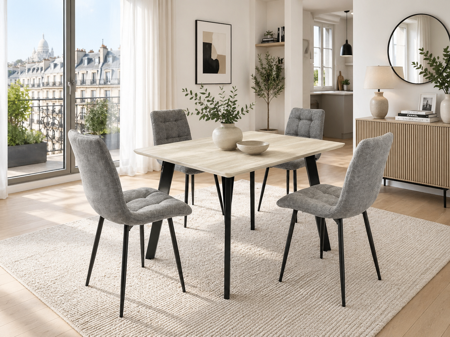 Verona 1.2m Travertine Finish Dining Table Set + Logan Grey Dining Chairs