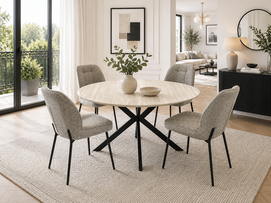 Verona 1.2m Travertine Finish Round Dining Table Set + Athens Chenille Dining Chairs