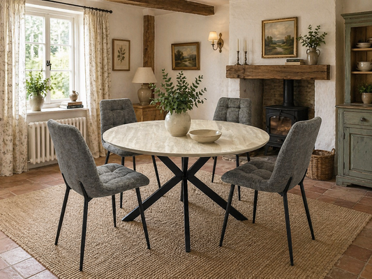 Verona 1.2m Travertine Finish Round Dining Table Set + Logan Grey Dining Chairs