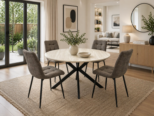 Verona 1.2m Travertine Finish Round Dining Table Set + Logan Mocha Dining Chairs