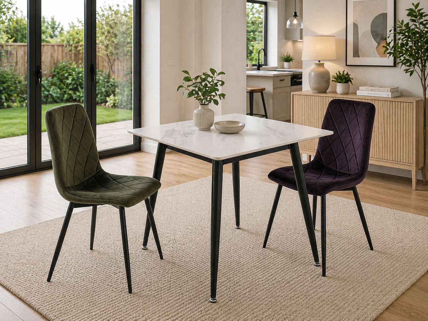 Alba 0.75m Square White Dining Table Set + Monaco Velvet Chairs
