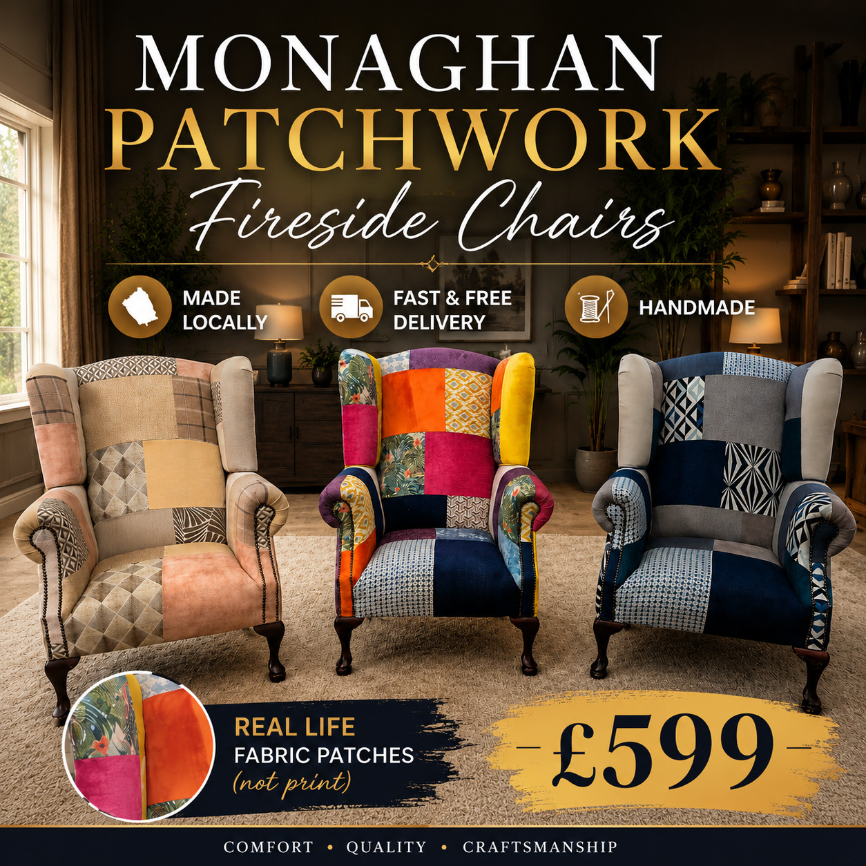 Monaghan Patchwork Fireside Chairs - Handmade Locally