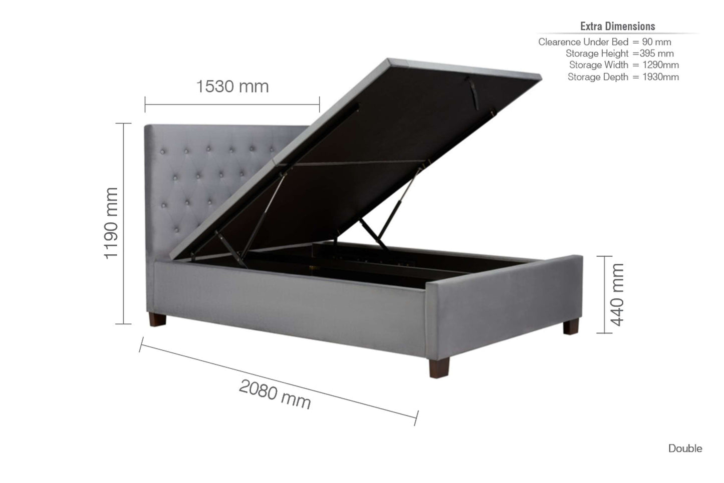 Cologne Grey Fabric Ottoman Storage Bed