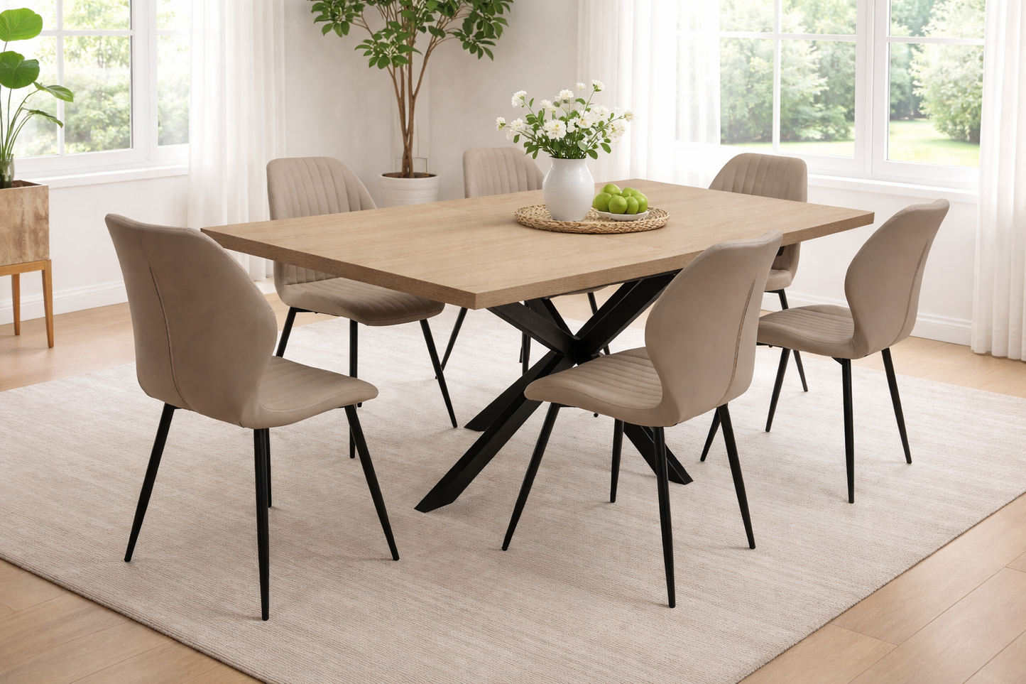 Willow 1.6m Extending (+40cm) Light Oak Dining Table Set + 6x Santorini Dining Chairs