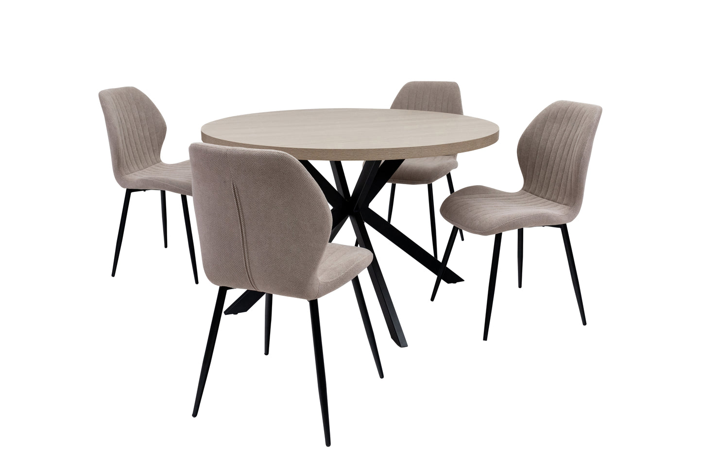 Willow 1.2m Light Oak Round Dining Table Set + Ashton Stone Fabric Dining Chairs
