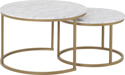 Two marble top coffee tables with gold metal frames on a white background