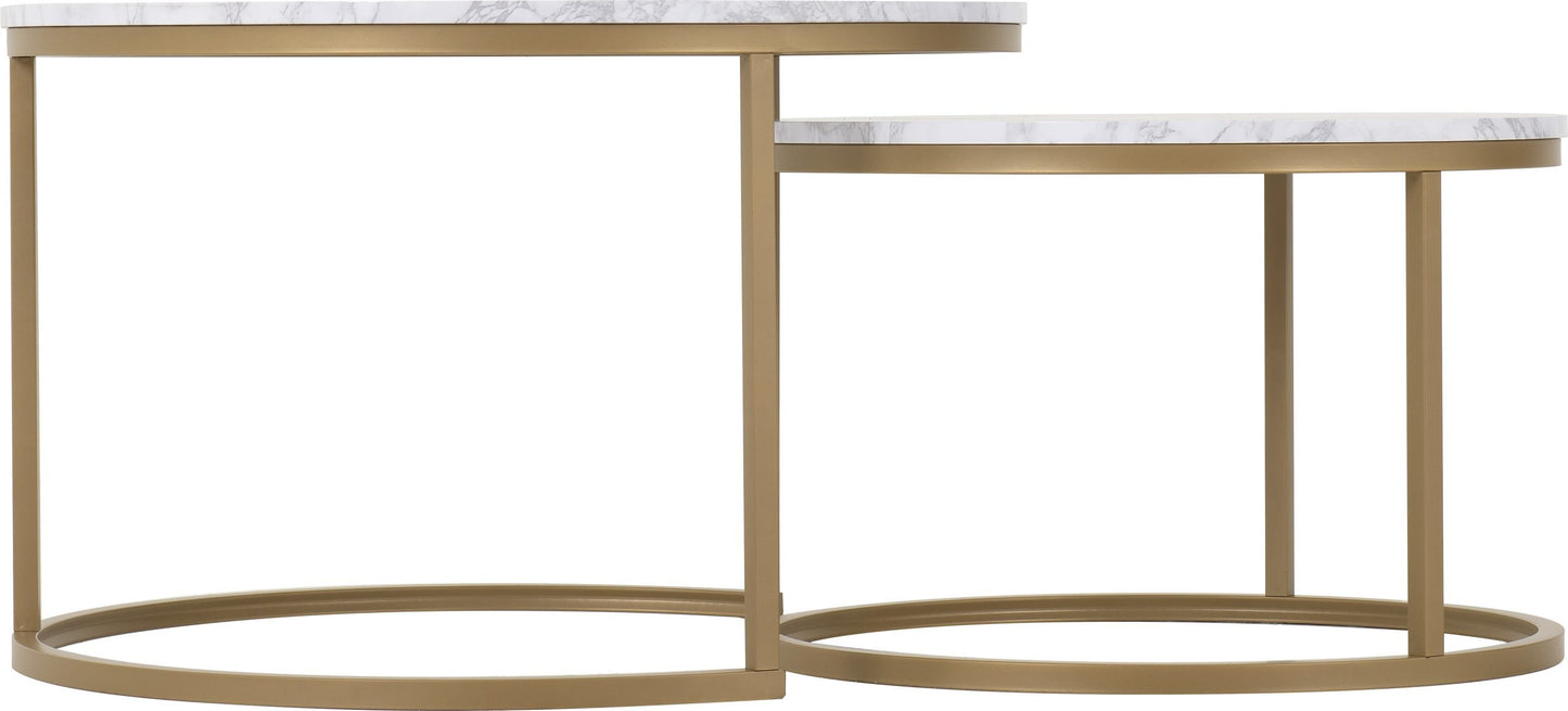 Set of two marble top tables with gold metal frames on a white background