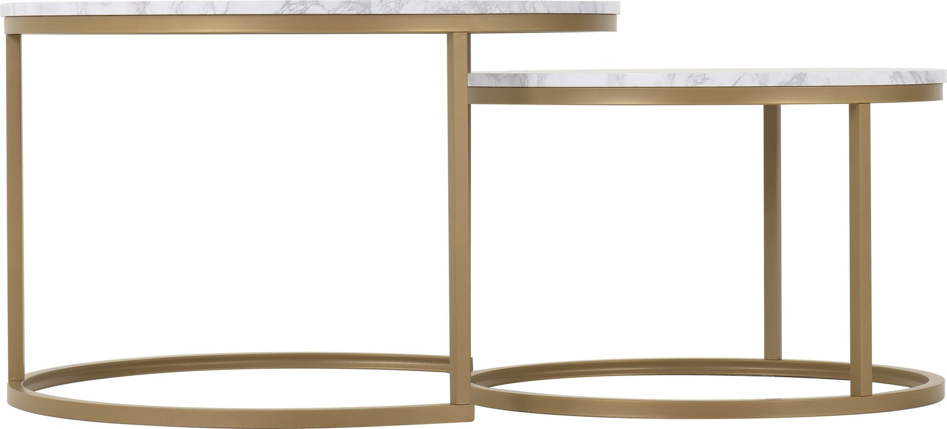 Set of two marble top tables with gold metal frames on a white background