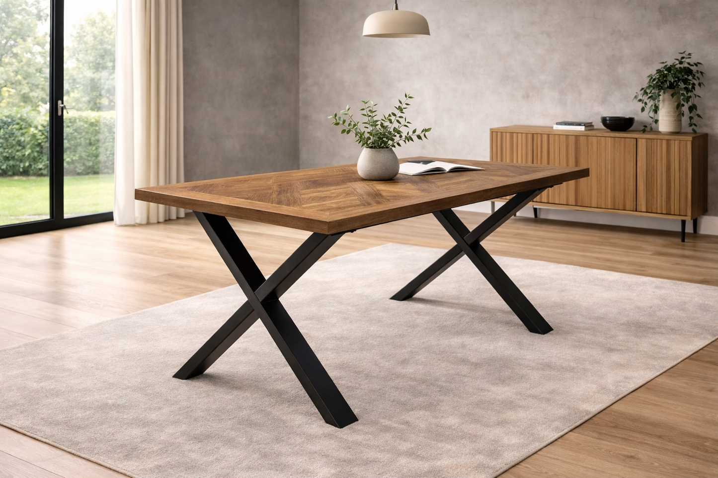 Elmstead 1.8m Medium Elm Veneer Table Set + Kensington Ebony Fabric Bench & 4x Dining Chairs