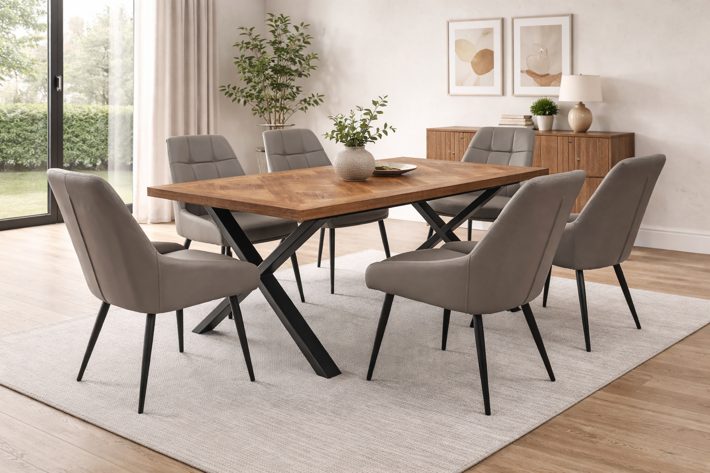 Elmstead 1.8m Medium Elm Veneer Table Set + 6x Naples Taupe Faux Leather Dining Chairs