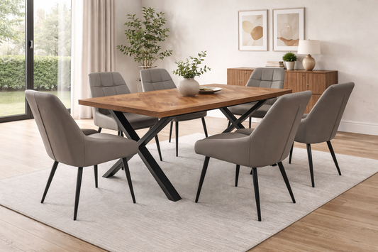 Elmstead 1.8m Medium Elm Veneer Table Set + 6x Naples Taupe Faux Leather Dining Chairs