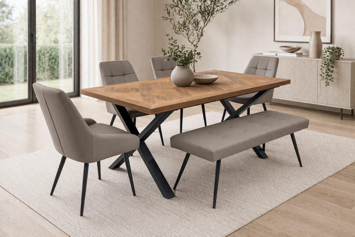 Elmstead 1.8m Medium Elm Veneer Table Set + 6x Naples Taupe Faux Leather Dining Chairs & Bench