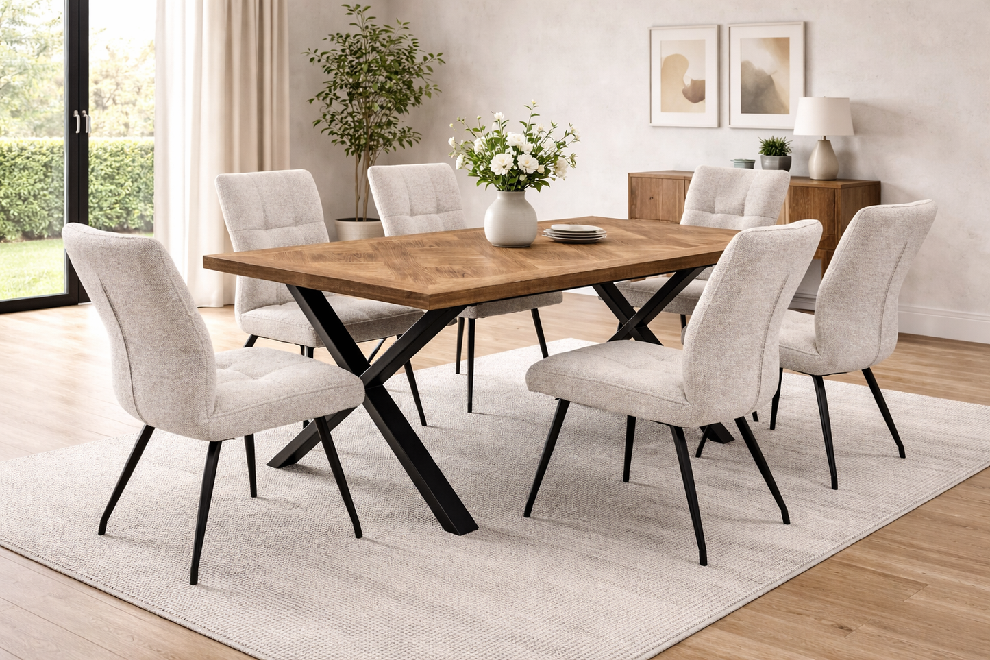 Elmstead 1.8m Medium Elm Veneer Table Set + 6x Carter Fabric Dining Chairs