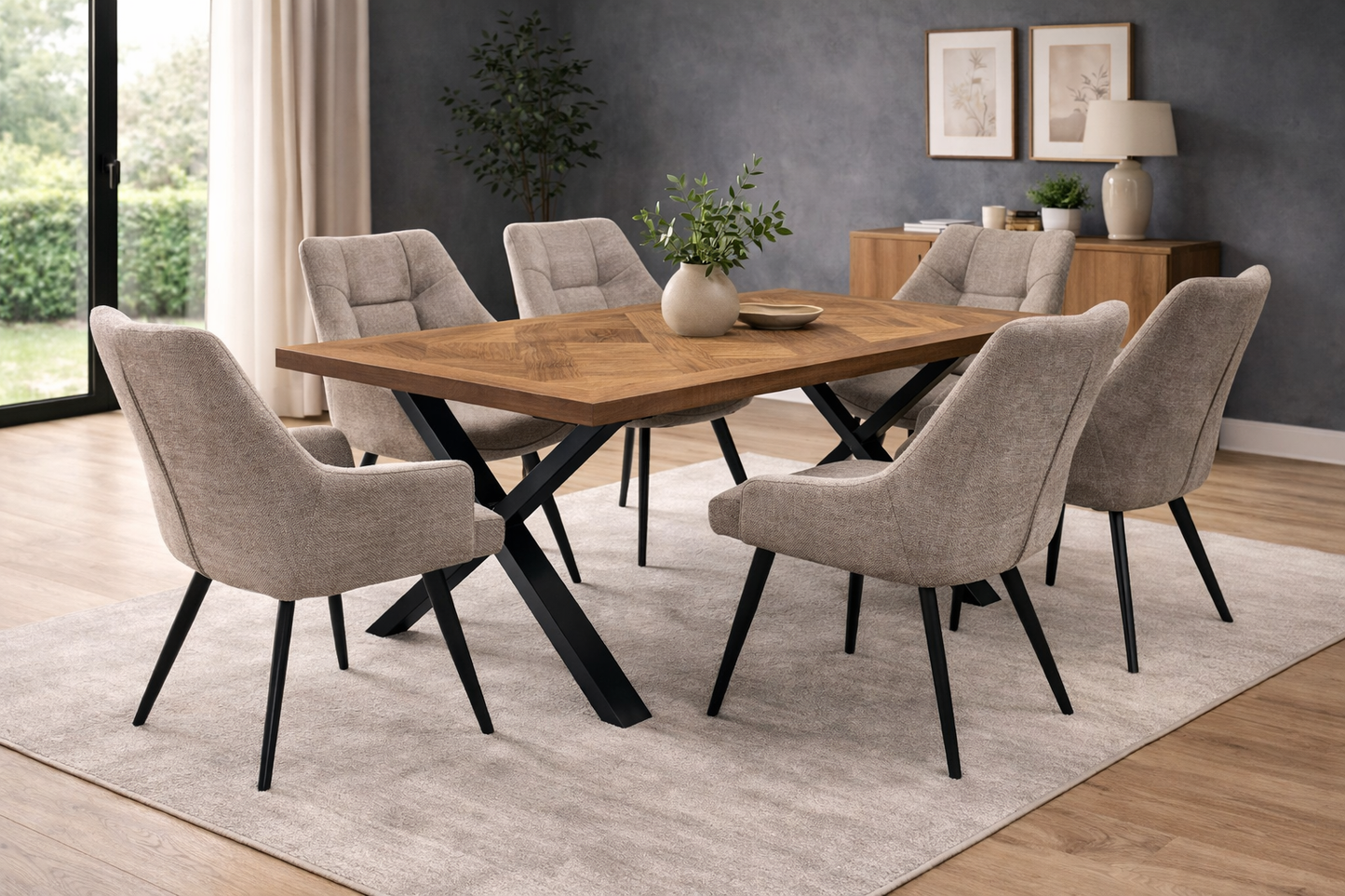 Elmstead 1.8m Medium Elm Veneer Table Set + 6x Willow Fabric Dining Chairs