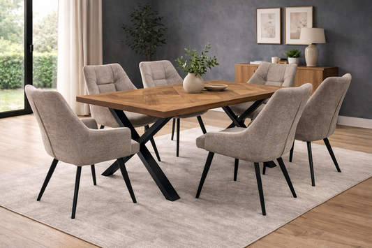 Elmstead 1.8m Medium Elm Veneer Table Set + 6x Willow Fabric Dining Chairs
