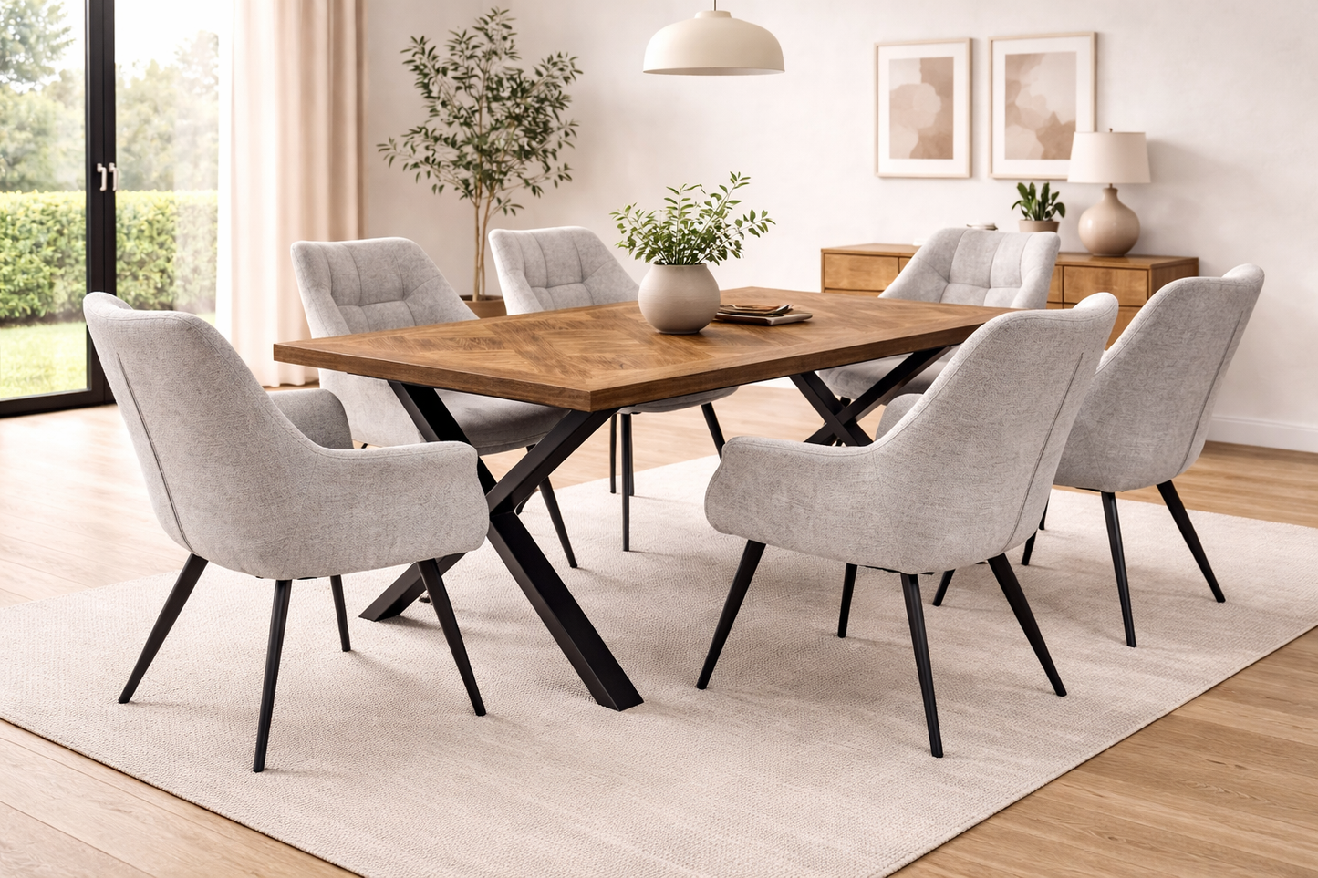 Elmstead 1.8m Medium Elm Veneer Table Set + 6x Willow Light Grey Fabric Dining Chairs