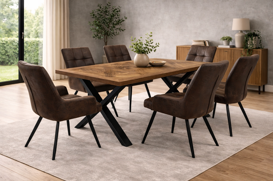 Elmstead 1.8m Medium Elm Veneer Table Set + 6x Kensington Fabric Dining Chairs