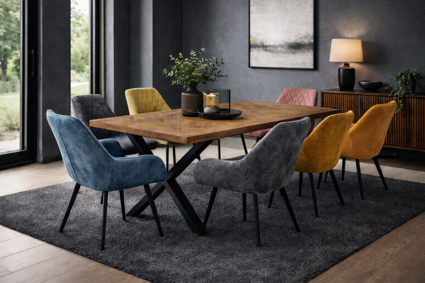 Elmstead 1.8m Medium Elm Veneer Table Set + 6x Orbit Swivel Chairs