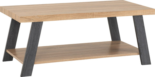 Wooden coffee table with dark gray legs on a white background