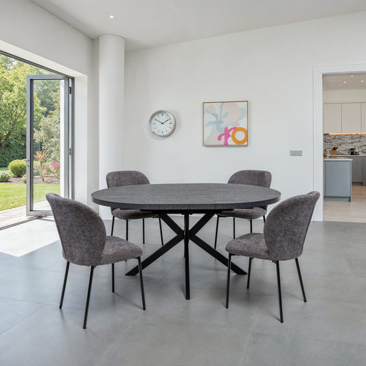 Nero 1.2m (+0.4m) Charcoal Stone Extending Round Dining Table Set + Nero Dining Chairs