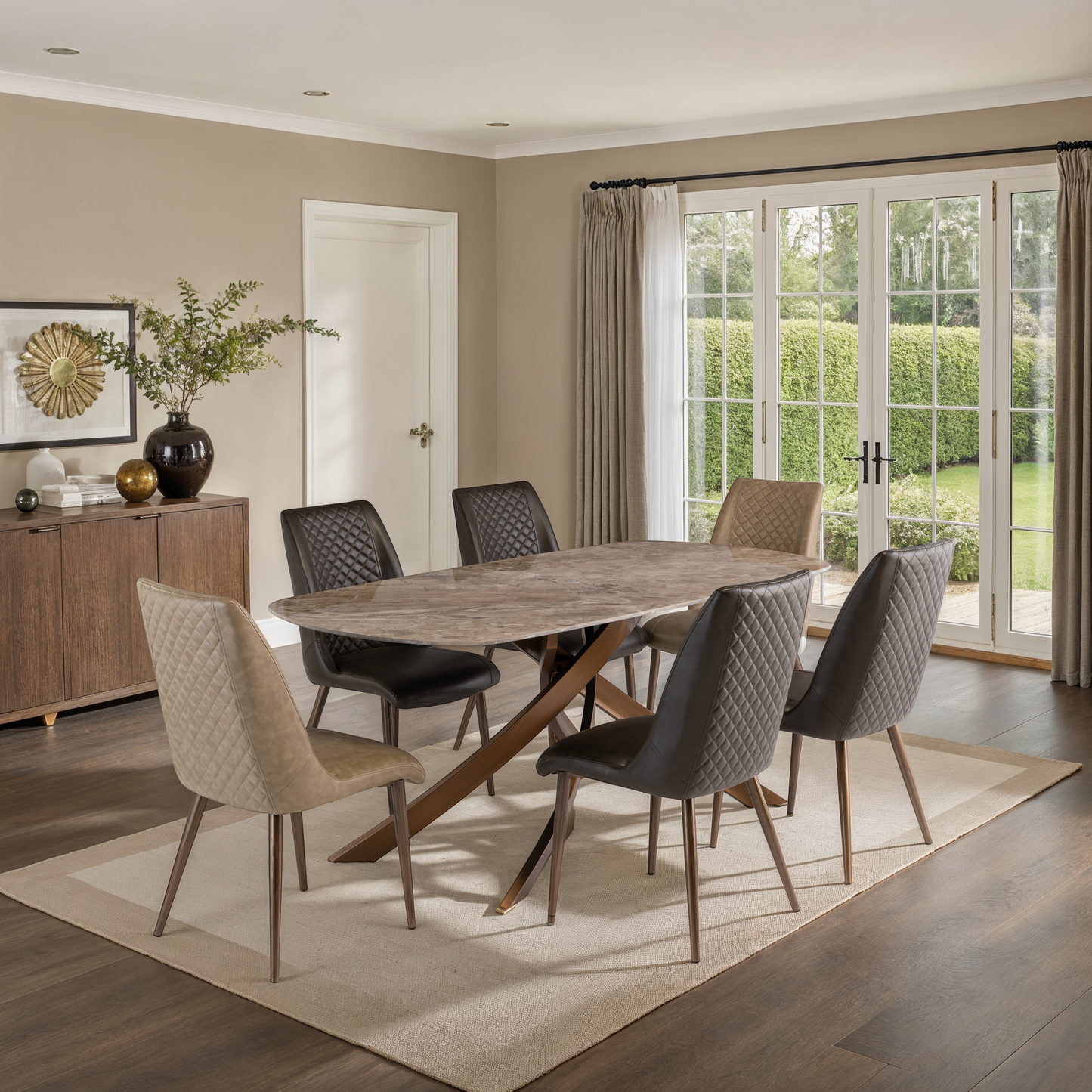 Monaco 1.8m Brown Marble Dining Table Set + Savoy Dining Chairs