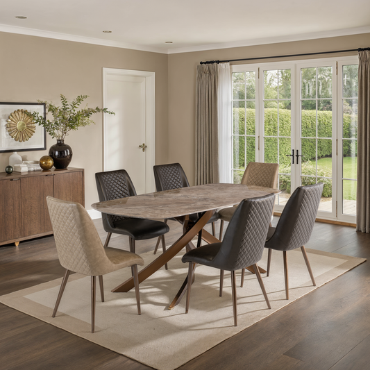 Monaco 1.8m Brown Marble Dining Table Set + Savoy Dining Chairs