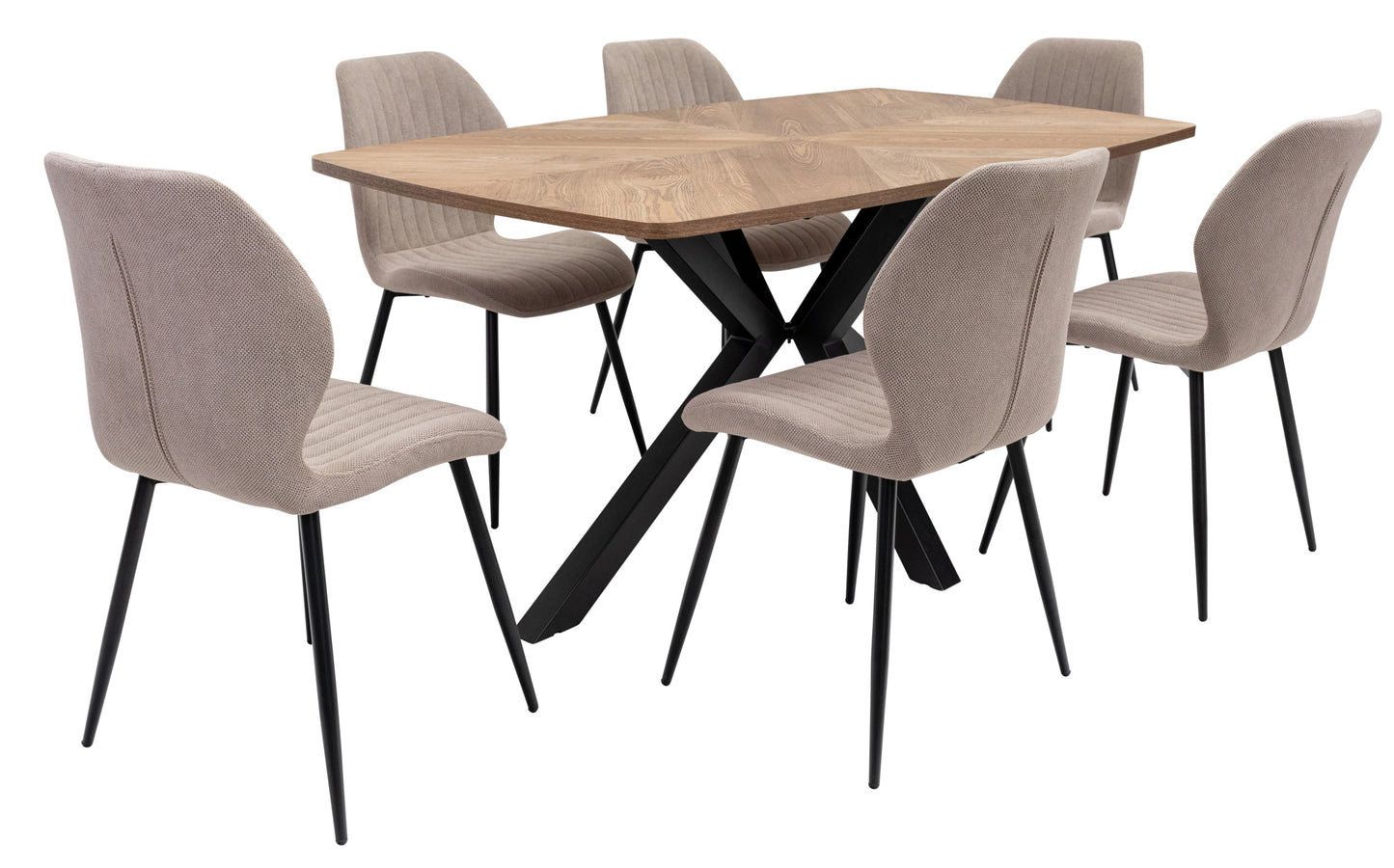 Windsor 1.6m Medium Oak Veneer Dining Table Set + 6x Ashton Stone Fabric Dining Chairs