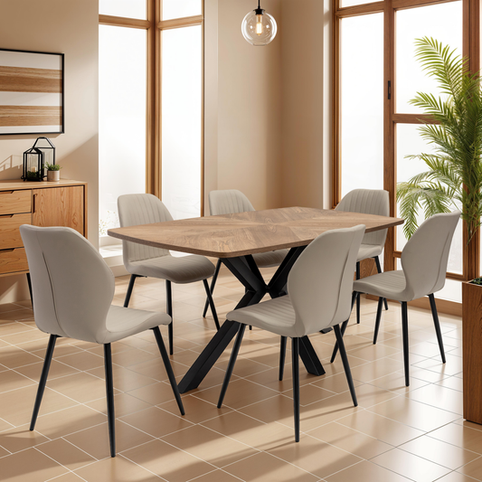Windsor 1.6m Medium Oak Veneer Dining Table Set + 6x Ashton Stone Fabric Dining Chairs