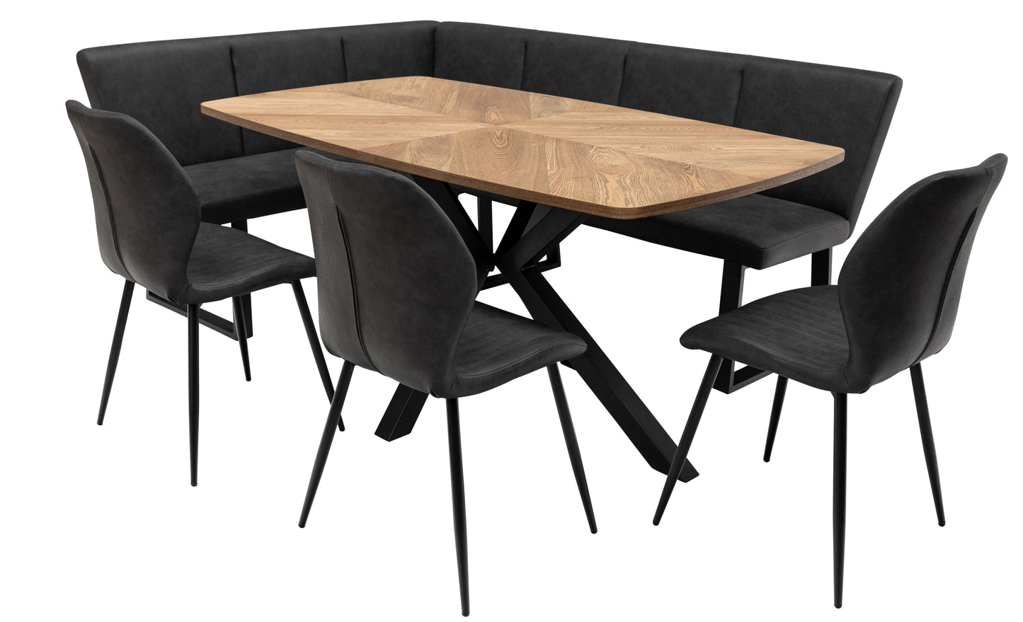 Windsor 1.6m Medium Oak Veneer Dining Table Set + Corner Seat + 3x Lisburn Dining Chairs
