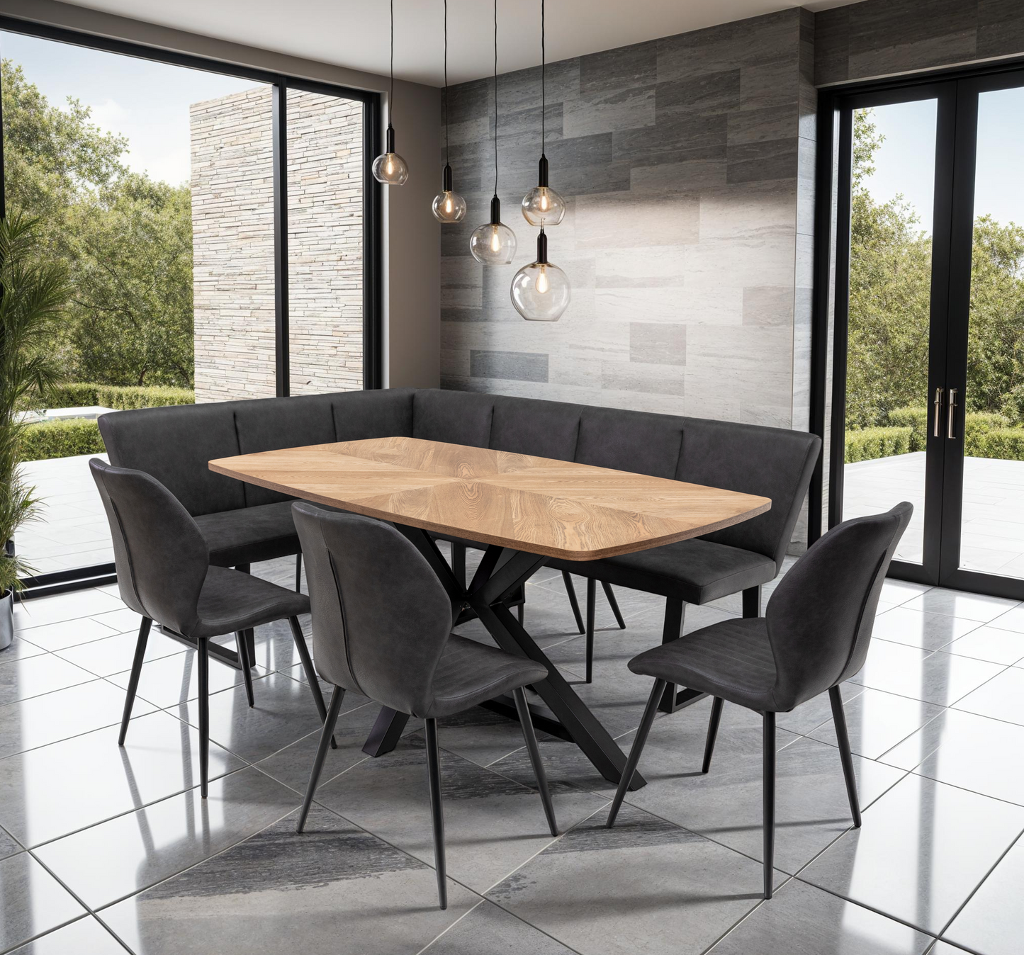 Windsor 1.6m Medium Oak Veneer Dining Table Set + Corner Seat + 3x Lisburn Dining Chairs