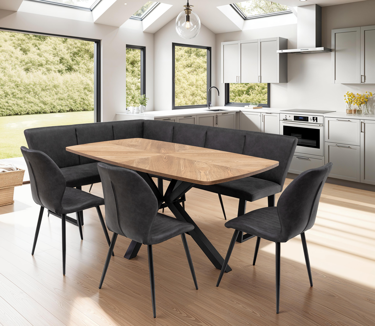 Windsor 1.6m Medium Oak Veneer Dining Table Set + Corner Seat + 3x Lisburn Dining Chairs