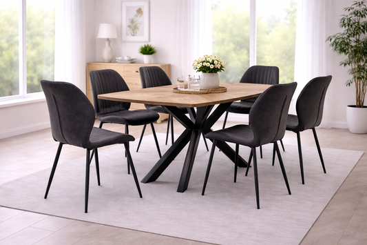 Windsor 1.6m Medium Oak Veneer Dining Table Set + 6x Lisburn Dining Chairs