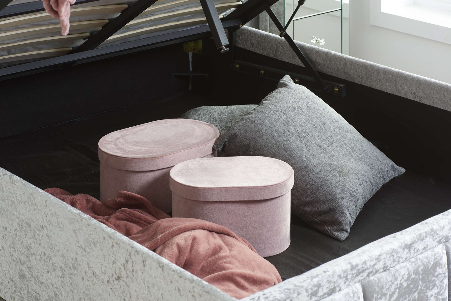 Hannover Steel Crushed Velvet Ottoman Storage Bed