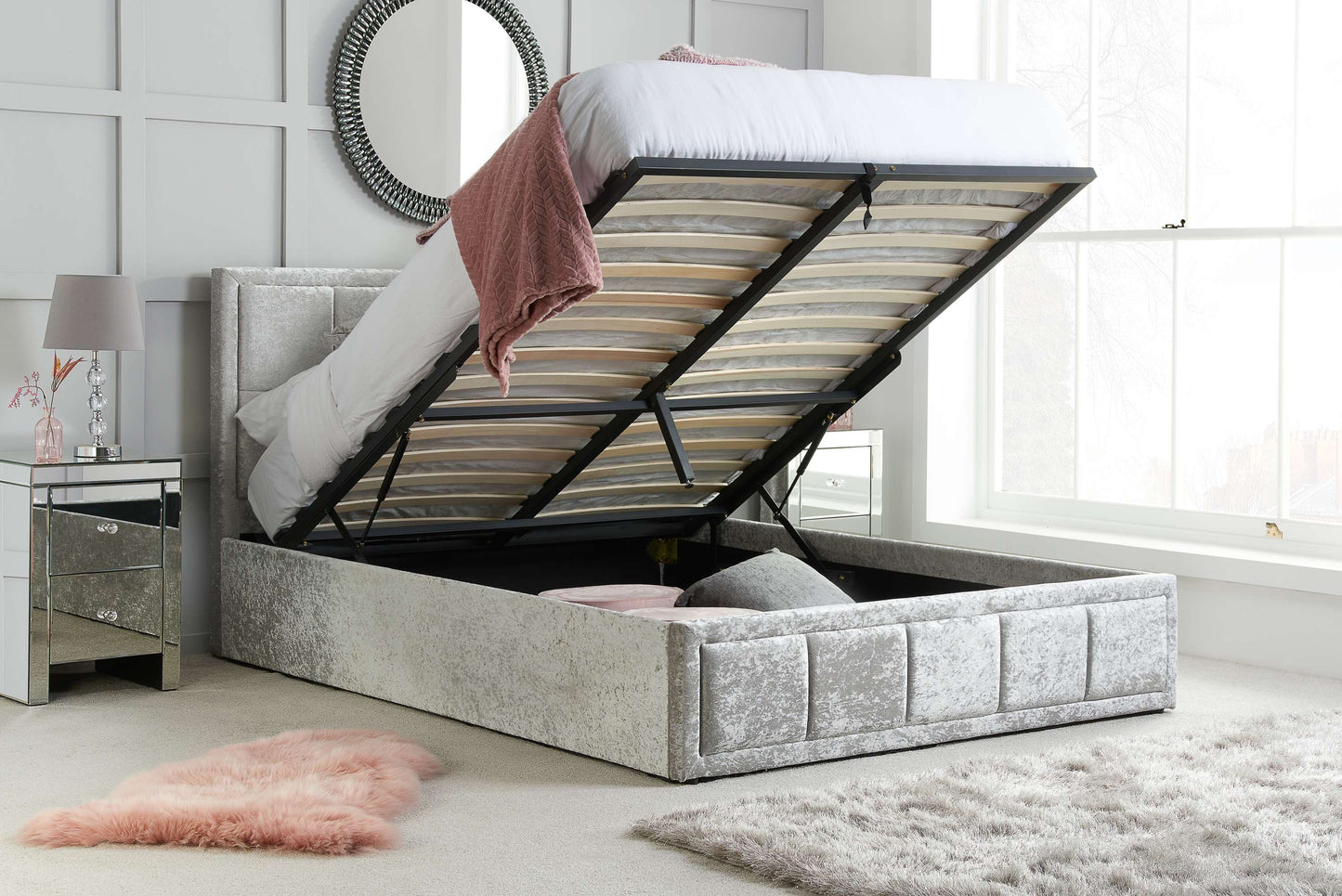 Hannover Steel Crushed Velvet Ottoman Storage Bed