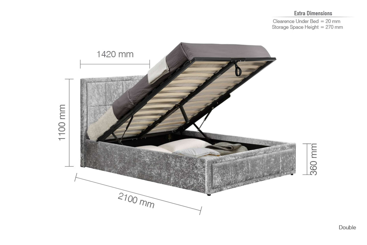 Hannover Steel Crushed Velvet Ottoman Storage Bed