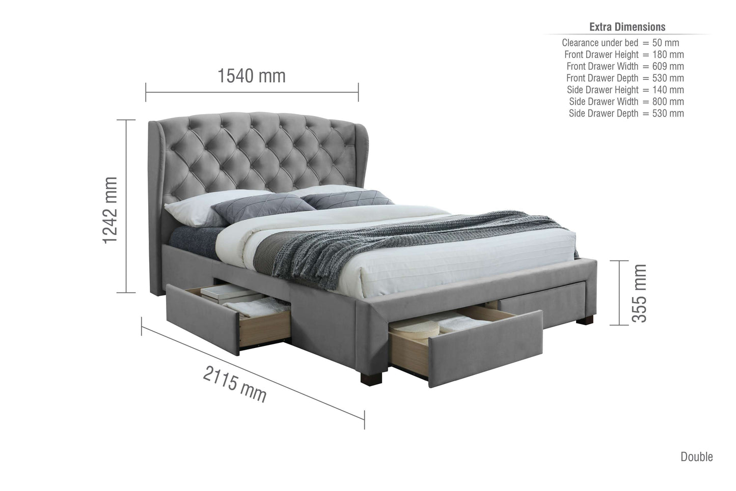 Hope Grey Fabric Bed With Storage Drawers