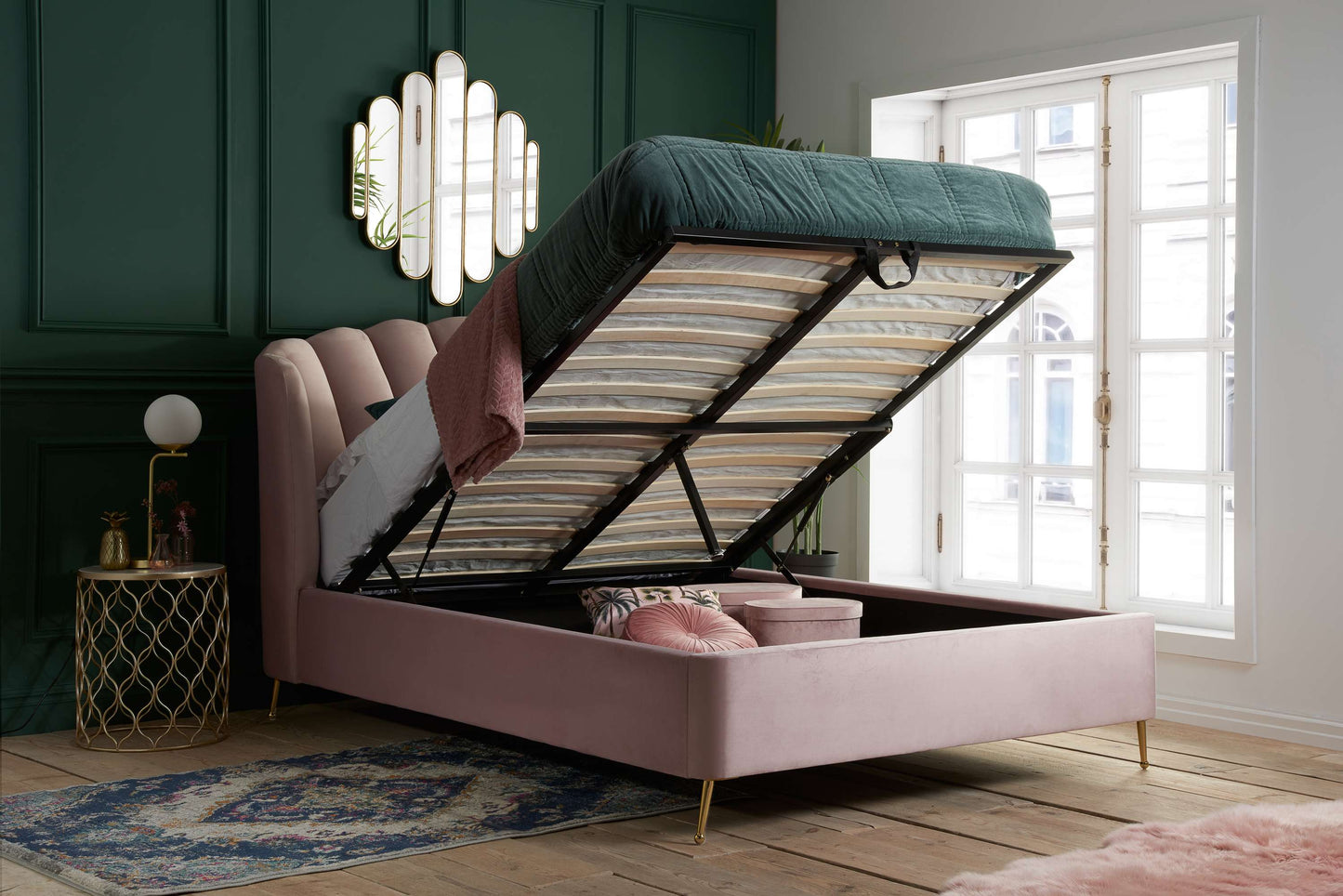 Lottie Pink Fabric Ottoman Storage Bed